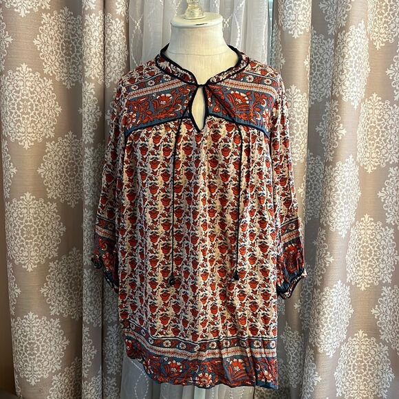 Lucky Brand Boho Top – 1X – White/Orange/Blue – 3/4 Sleeve – Made in India - Picture 1 of 8